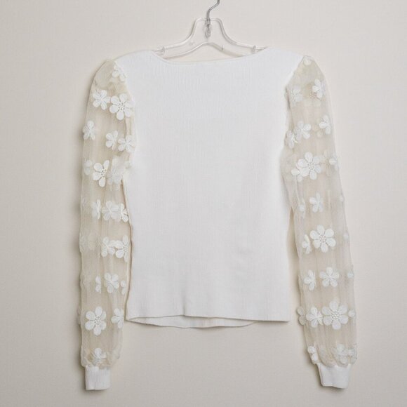 Anthropologie DOLAN Sheer Sleeve Appliqué Sweater Floral Fairy Whimsy Ivory - Picture 5 of 12